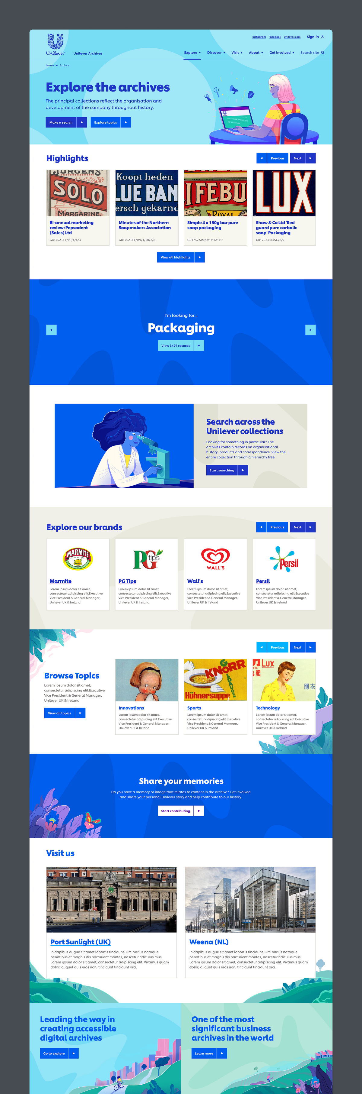 Image of Unilever Archives website, Explore the archives landing page, showcasing the full design and detail.